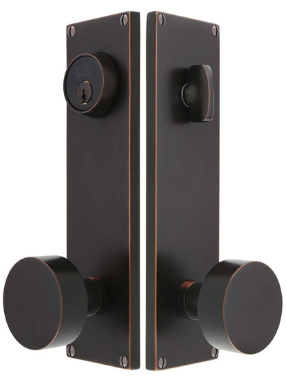 Modern Rectangular Entry Set with Disc Knobs in Oil-Rubbed Bronze.